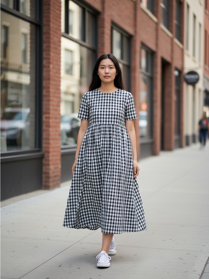 Roolee Black & White Gingham Check Short Sleeve Cotton Blend Midi Dress Size L